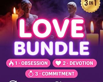 May include: A digital graphic titled SPELLS BY AURELIA ROSE LOVE BUNDLE featuring two classical statues, lit candles, and a gold 3 IN 1 seal. Text includes 1 OBSESSION, 2 DEVOTION, 3 COMMITMENT, 24 HOURS SAME DAY, and PHOTO PROOF with icons.
