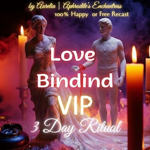 Könnte beinhalten: Zwei weiße klassische Statuen stehen inmitten leuchtender Kerzen und violettem Rauch. Der Text lautet: by Aurelia | Aphrodite's Enchantress, 100% Happy or Free Recast, Love Bindind VIP, 3 Day Ritual. Eine rote Schnur verbindet die beiden Figuren.