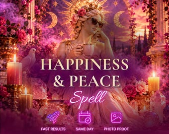 May include: A digital graphic featuring a figure wearing sunglasses and holding a cup, surrounded by pink flowers, candles, and crystals. Text reads: HAPPINESS & PEACE Spell, FAST RESULTS, SAME DAY, PHOTO PROOF, and Aurelia in a purple and gold tone.