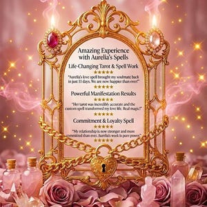 May include: A gold-framed display with the text "Real Reviews" and testimonials for Aurelia's spells. The frame is adorned with jewels and a heart-shaped lock, surrounded by pink roses and bottles.
