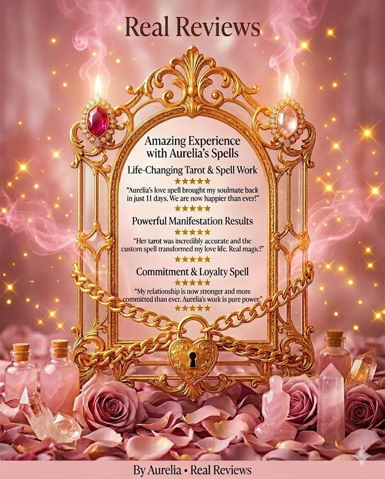 May include: A gold-framed display with the text "Real Reviews" and testimonials for Aurelia's spells. The frame is adorned with jewels and a heart-shaped lock, surrounded by pink roses and bottles.