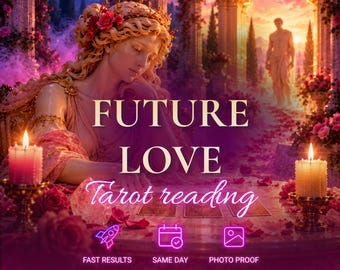 May include: A digital illustration featuring a person with blonde hair and a floral crown, sitting at a table with candles and tarot cards. Text reads: FUTURE LOVE Tarot reading, FAST RESULTS, SAME DAY, PHOTO PROOF, and Aurelia.