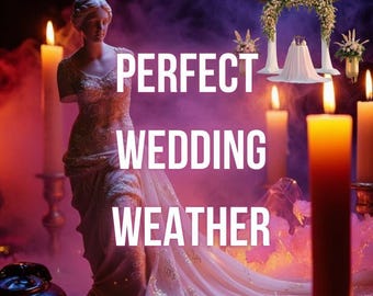 May include: A statue of a figure in a draped gown stands amidst lit candles and purple smoke. Text reads: by Aurelia | Aphrodite's Enchantress, PERFECT WEDDING WEATHER, 100% Happy or Free Recast. A small wedding arch and floral arrangements are visible.