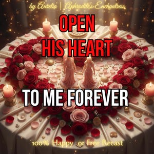 May include: An image with the text "OPEN HIS HEART TO ME FOREVER" in red and white. The image features a table setting with red and pink roses, candles, and two small statues. The text "100% Happy or Free Recast" is at the bottom.