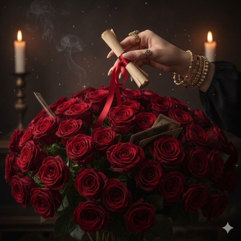 May include: A large bouquet of red roses with a scroll tied with a red ribbon. A hand adorned with gold rings and bracelets holds the scroll. Lit candles and tarot cards are also visible, creating a mystical theme.