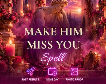 May include: A digital graphic featuring a classical statue of a man in a toga, surrounded by pink roses and candles. Text reads: MAKE HIM MISS YOU Spell, FAST RESULTS, SAME DAY, PHOTO PROOF, and Aurelia. The scene is set in a sunset-lit garden.