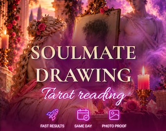 May include: A digital illustration featuring a person with long blonde hair and a floral crown sketching at an easel. Text reads SOULMATE DRAWING, Tarot reading, FAST RESULTS, SAME DAY, PHOTO PROOF, and Aurelia. A glowing figure stands nearby.