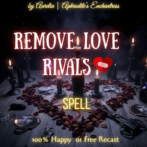 May include: A dark scene featuring candles, scattered dark red rose petals, a pair of metal scissors, and two small portraits. The text reads: by Aurelia | Aphrodite's Enchantress, REMOVE LOVE RIVALS SPELL, and 100% Happy or Free Recast, with a broken heart icon.
