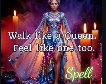 May include: A figure wearing a shimmering blue and pink sequined gown with a high slit and a flowing cape, surrounded by lit candles and crystals. Text reads: Photo Proof. Same Day. Real Caster - No AI. Walk like a Queen. Feel like one too. Spell. Spells by Aurelia Rose.