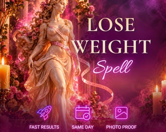 May include: A digital graphic featuring a classical figure in a flowing peach gown with a measuring tape, surrounded by pink roses and candles. Text reads: LOSE WEIGHT Spell, FAST RESULTS, SAME DAY, PHOTO PROOF, and Aurelia.
