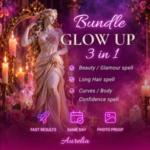 May include: A digital graphic featuring a statue of a woman in a flowing gown, surrounded by candles and roses in a purple haze. Text reads: Bundle GLOW UP 3 in 1, Beauty / Glamour spell, Long Hair spell, Curves / Body Confidence spell, Aurelia.