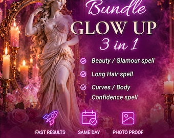 May include: A digital graphic featuring a statue of a woman in a flowing gown, surrounded by candles and roses in a purple haze. Text reads: Bundle GLOW UP 3 in 1, Beauty / Glamour spell, Long Hair spell, Curves / Body Confidence spell, Aurelia.