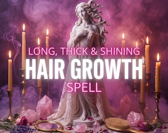 May include: A white marble-style statue of a person with long flowing hair stands surrounded by lit candles in gold holders, pink crystals, a gold hand mirror, a wooden hairbrush, and lavender flowers, with text reading SPELLS BY AURELIA ROSE.