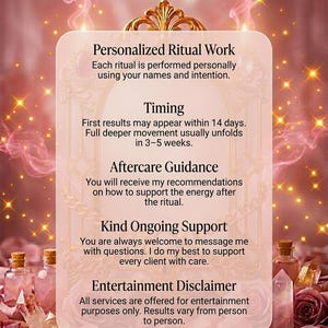 May include: A pink and gold graphic with the text "What to Expect" at the top. The text describes personalized ritual work, timing, aftercare guidance, kind support, and an entertainment disclaimer. The bottom of the graphic reads "Aurelia | Aphrodite's Enchantress."