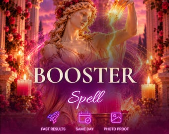 May include: A digital graphic featuring a figure with long wavy hair adorned with red roses, holding a glowing crystal. Text reads BOOSTER Spell, FAST RESULTS, SAME DAY, PHOTO PROOF, and Aurelia, set against a background of pink flowers and candles.