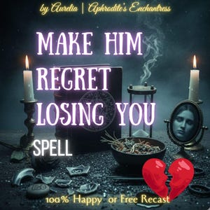 Puede incluir: Imagen publicitaria de un servicio de hechizos. El texto "MAKE HIM REGRET LOSING YOU SPELL" está en púrpura neón. La escena incluye velas, un espejo, un cuenco con hierbas y un corazón roto. También está presente el texto "100% Happy or Free Recast".