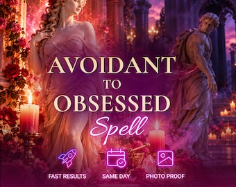 May include: A digital graphic featuring classical statues in a rose-filled garden with candles. Text reads: AVOIDANT TO OBSESSED Spell, FAST RESULTS, SAME DAY, PHOTO PROOF, and Aurelia. The colour palette is dominated by deep pinks, purples, and gold.
