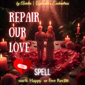 May include: An image featuring a romantic theme with candles, roses, and a heart shape made of rose petals. The text reads "REPAIR OUR LOVE SPELL" with a broken heart graphic. Two candle figures stand together.