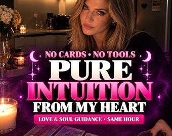 May include: A digital graphic featuring the text NO CARDS NO TOOLS PURE INTUITION FROM MY HEART LOVE & SOUL GUIDANCE SAME HOUR with a person in the background and tarot cards on a table. The design uses bright pink neon lettering and star accents.
