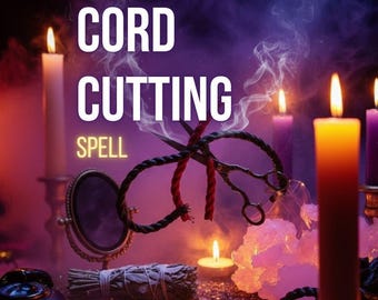 May include: A cord cutting spell service featuring text that reads by Aurelia | Aphrodite's Enchantress, CORD CUTTING SPELL, and 100% Happy or Free Recast. The scene includes lit candles, a pair of scissors, a bundle of sage, and crystals.