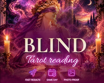 May include: A digital graphic featuring a blindfolded figure with a floral crown, flanked by two lit candles. The text reads BLIND Tarot reading, FAST RESULTS, SAME DAY, PHOTO PROOF, and Aurelia, set against a vibrant purple and pink nebula background.