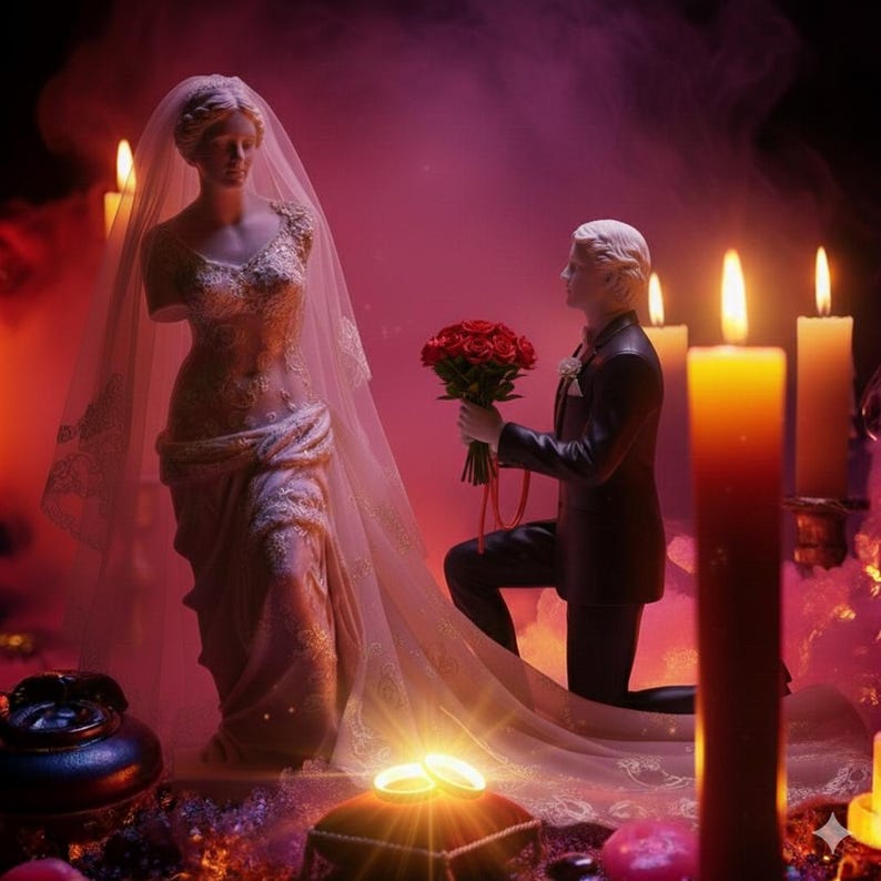 May include: A romantic scene featuring statues of a bride and groom. The groom kneels, offering a bouquet of red roses. The bride wears a veil and gown. Lit candles and a ring box add to the ambiance, creating a warm, pink-toned setting.