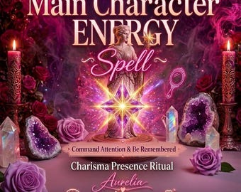May include: A digital graphic featuring a central statue of a woman, surrounded by purple roses, amethyst geodes, and two ornate candles. Text reads: Main Character ENERGY Spell, Command Attention & Be Remembered, Charisma Presence Ritual, Aurelia.