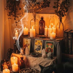 a cozy and intimate scene with a black cat resting on a lace doily, surrounded by various candles, tarot cards, and other mystical objects. The warm lighting and the smoke from the candles create a serene and mystical atmosphere.