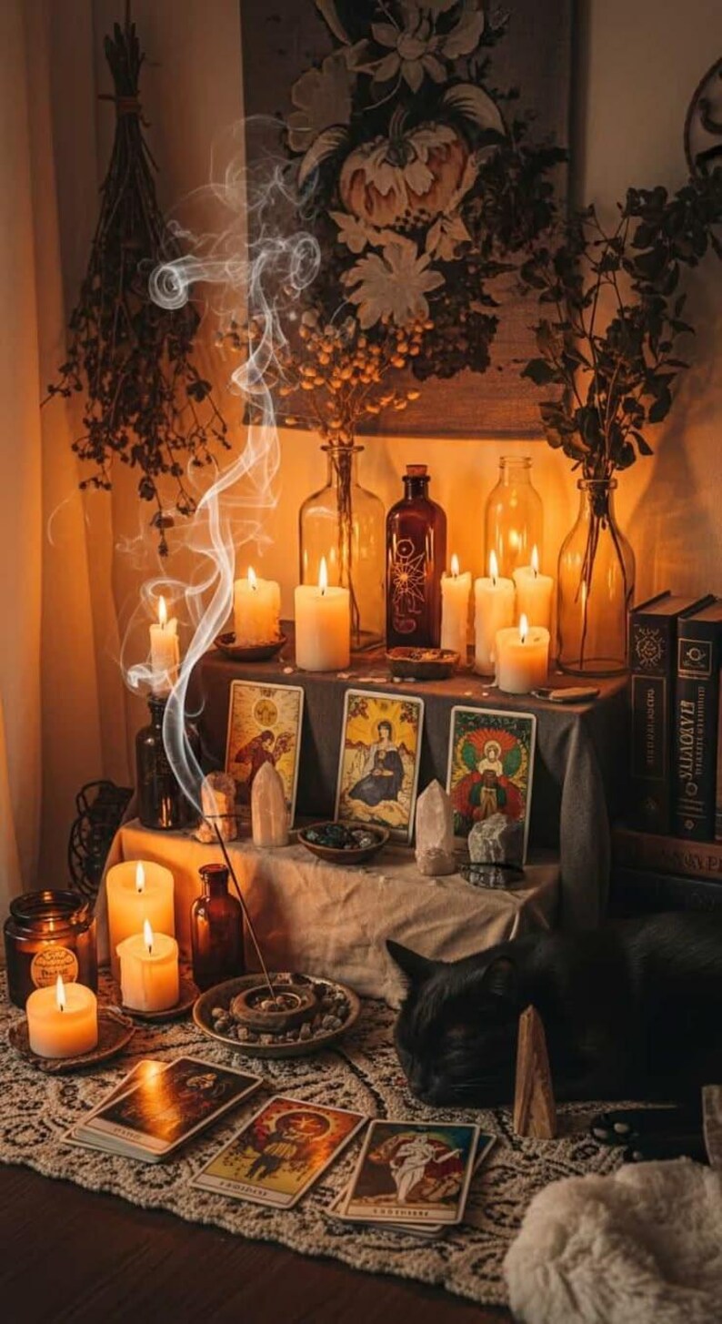 a cozy and intimate scene with a black cat resting on a lace doily, surrounded by various candles, tarot cards, and other mystical objects. The warm lighting and the smoke from the candles create a serene and mystical atmosphere.