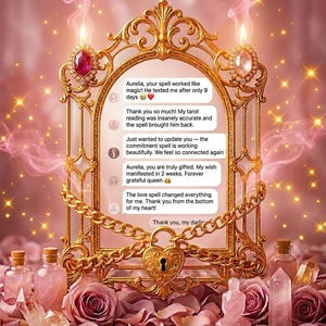May include: An ornate gold-colored frame with a heart-shaped lock and chain, holding text bubbles with client testimonials. The image features pink roses, bottles, and crystals, with the words "Real Reviews" at the top.
