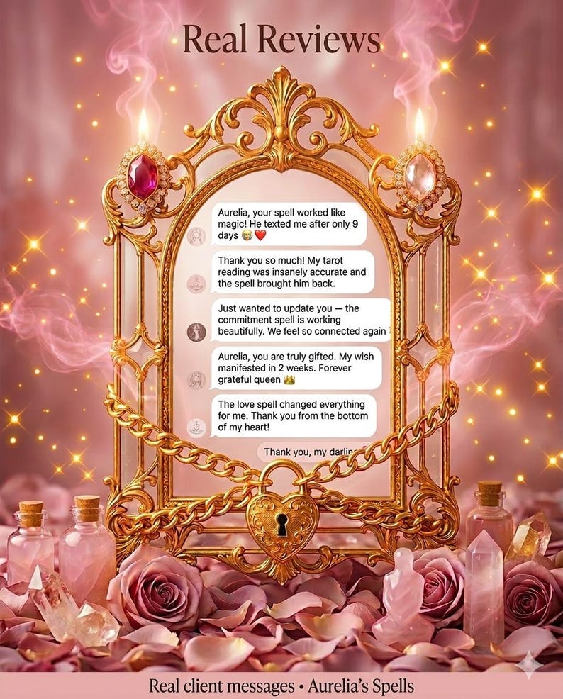 May include: An ornate gold-colored frame with a heart-shaped lock and chain, holding text bubbles with client testimonials. The image features pink roses, bottles, and crystals, with the words "Real Reviews" at the top.