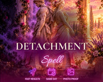 May include: A digital graphic featuring two classical figures in robes standing back-to-back amidst a floral garden with stone arches. Text reads: DETACHMENT Spell, FAST RESULTS, SAME DAY, PHOTO PROOF, and Aurelia in a purple and gold colour palette.