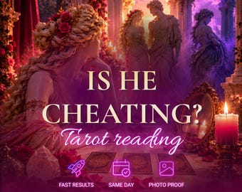 May include: A digital graphic featuring a person with blonde hair and red roses, classical statues in a purple-lit archway, and the text IS HE CHEATING? Tarot reading. Includes icons for fast results, same day, photo proof, and the name Aurelia.