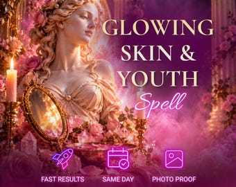 May include: A digital graphic featuring a marble-style statue of a person surrounded by pink roses, candles, and mirrors. Text reads GLOWING SKIN & YOUTH Spell, FAST RESULTS, SAME DAY, PHOTO PROOF, and Aurelia, with icons for a rocket, calendar, and image.
