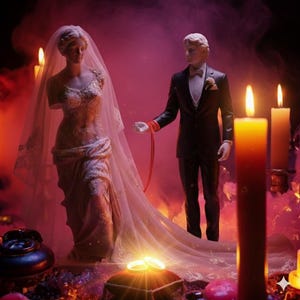 May include: A wedding cake topper featuring a bride and groom figurine. The bride is wearing a white gown and veil, while the groom is in a black tuxedo. Red string connects the groom's hand to the bride. Lit candles and wedding rings are also present.