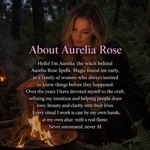 a woman sitting by a campfire, with a text overlay that reads: "About Aurelia Rose, the witch behind Aurelia Rose Spells, Magic found me early, in a family of women who always seemed to know things before they happened. Over the years I have devoted myself to the craft, refining my intuition and helping people draw love, beauty and clarity into their lives. Every ritual I work is cast by my own hands, at my own altar, with a real flame. Never automated, never AI."