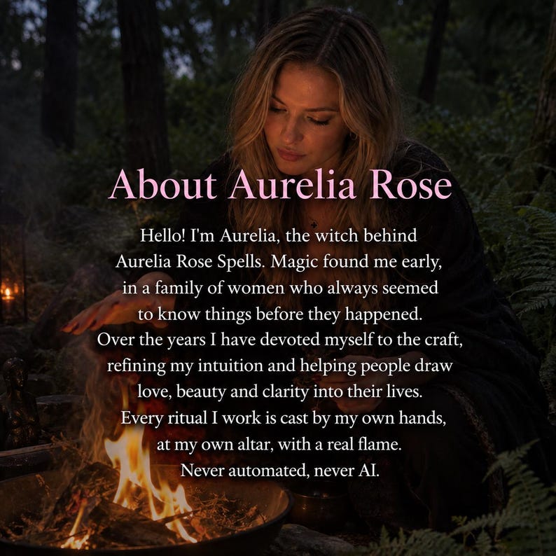 a woman sitting by a campfire, with a text overlay that reads: "About Aurelia Rose, the witch behind Aurelia Rose Spells, Magic found me early, in a family of women who always seemed to know things before they happened. Over the years I have devoted myself to the craft, refining my intuition and helping people draw love, beauty and clarity into their lives. Every ritual I work is cast by my own hands, at my own altar, with a real flame. Never automated, never AI."
