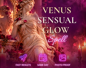 May include: A digital graphic featuring a classical statue of a woman with curly hair and roses, surrounded by candles and red flowers. Text reads VENUS SENSUAL GLOW Spell, FAST RESULTS, SAME DAY, PHOTO PROOF, and Aurelia in a purple and pink setting.