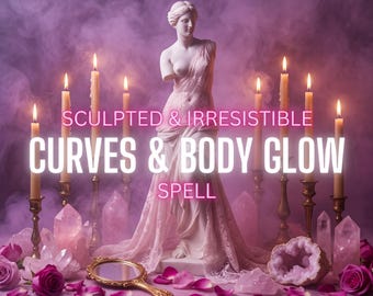 May include: A white marble-style statue of a figure draped in fabric, surrounded by lit candles in gold holders, pink rose petals, clear quartz crystals, and a gold hand mirror. Text reads: SPELLS BY AURELIA ROSE, SCULPTED & IRRESISTIBLE CURVES & BODY GLOW SPELL.