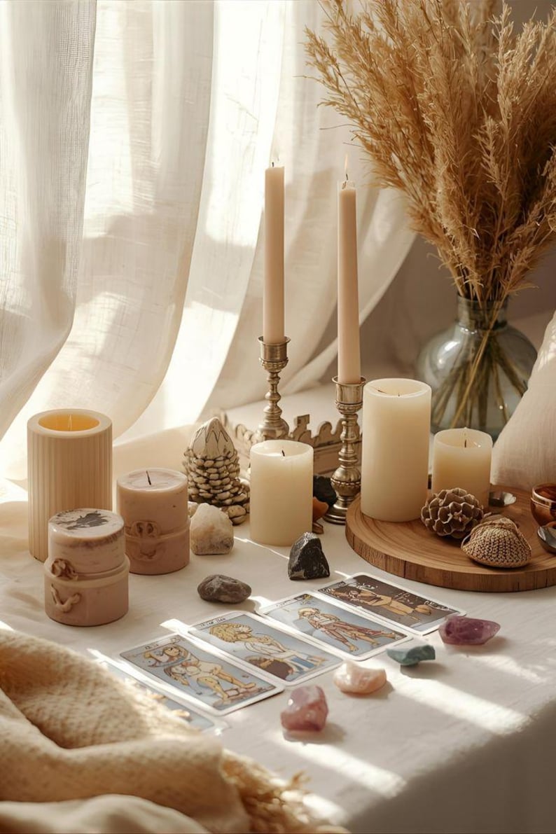 a table with various candles, crystals, tarot cards, and a vase of dried flowers. The candles are arranged in a row, with some placed on the table and others in a vase. The table also has tarot cards and crystals, creating a serene and spiritual atmosphere.