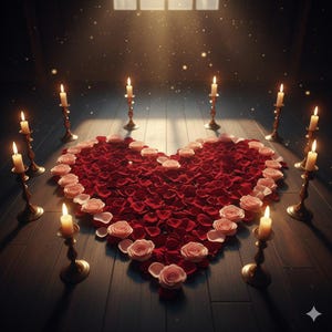 May include: A heart-shaped arrangement of red rose petals and pink roses on a wooden floor. Lit candles in gold candle holders surround the floral display, creating a romantic ambiance. The scene is illuminated by soft light.