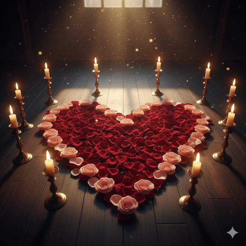 May include: A heart-shaped arrangement of red rose petals and pink roses on a wooden floor. Lit candles in gold candle holders surround the floral display, creating a romantic ambiance. The scene is illuminated by soft light.
