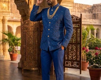 Traje Jodhpuri azul para hombre, traje Bandhgala para boda, atuendo de novio indio, traje indo-occidental para hombre