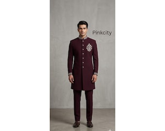 Maroon Indo Western Sherwani Set, Embroidered Bandhgala Suit, Groom Wedding Outfit