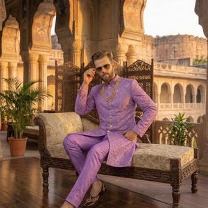 Men’s Mirror Work Sherwani, Indian Wedding Groom Outfit, Indo Western Sherwani for Men image 2