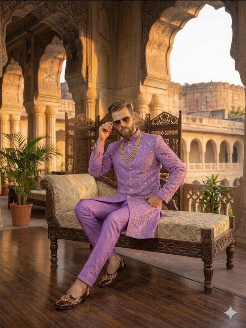 Men’s Mirror Work Sherwani, Indian Wedding Groom Outfit, Indo Western Sherwani for Men image 2