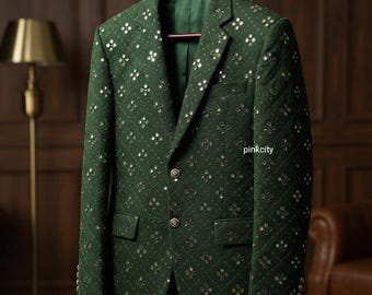 Mirror Work Blazer, Men's Designer Wedding Jacket, Groom Wear, Embellished Party Jacket, Ethnic Luxury