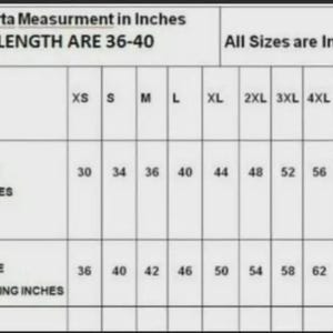 May include: A chart detailing kurta measurements in inches. The chart includes sizes from XS to 7XL, with corresponding chest sizes ranging from 30 to 68 inches. Shirt chest sizes with loose fitting are also provided, ranging from 36 to 74 inches.