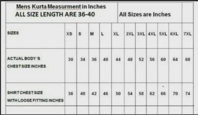 May include: A chart detailing kurta measurements in inches. The chart includes sizes from XS to 7XL, with corresponding chest sizes ranging from 30 to 68 inches. Shirt chest sizes with loose fitting are also provided, ranging from 36 to 74 inches.