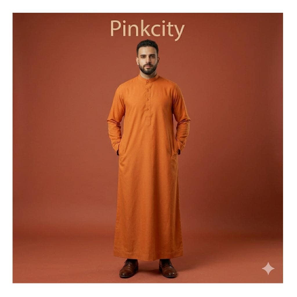Men's Saffron Orange Organic Cotton Thobe: Islamic Kaftan for Hajj, Umrah, Eid Prayer